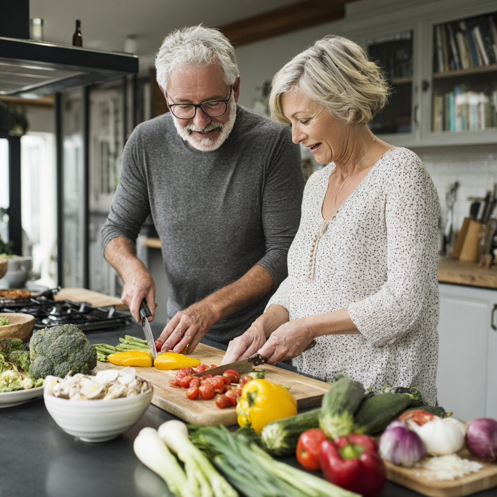 Mature adults preparing nutritious meals together in modern kitchen